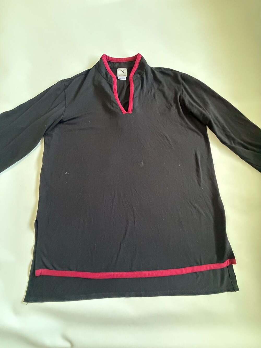 N Natori Black Red Trim Long Sleeve Top S Stretch Y2K Sporty Preppy Minimal